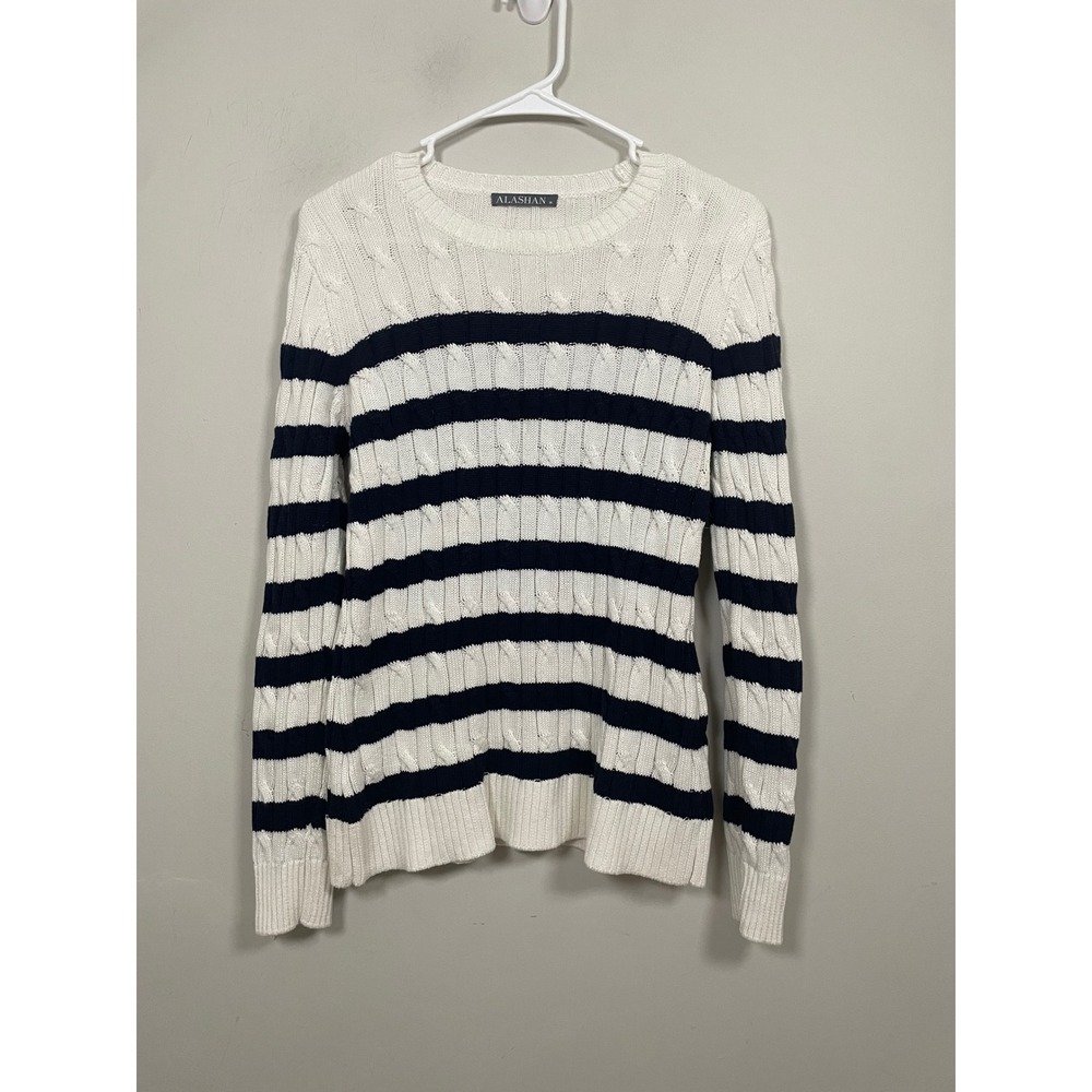 Alashan Navy and White Cotton Cashmere Cable Knit Striped Sweater Size Medium‎